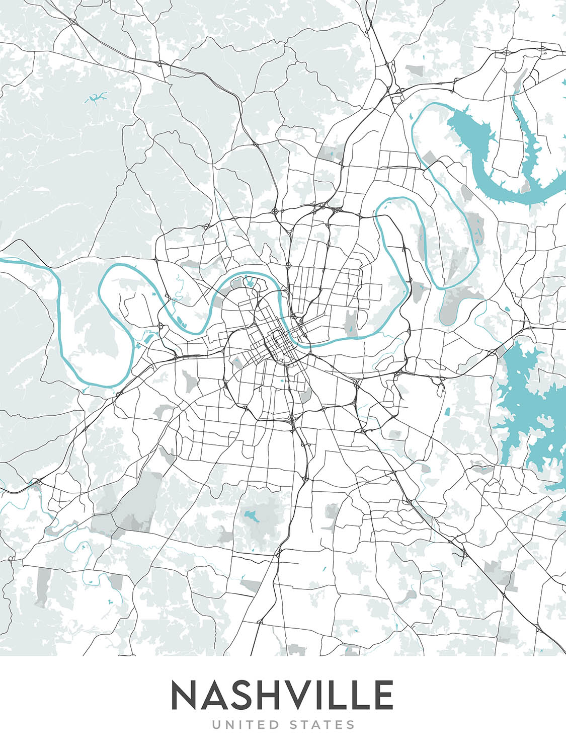 Modern City Map of Nashville, TN: Downtown, Music City Center, Vanderbilt, Germantown, Shelby Park