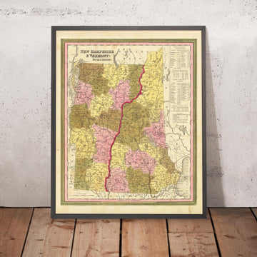 Alte Karte von New Hampshire und Vermont von H. S. Tanner, 1840, die Manchester, Nashua, Concord, Burlington und South Burlington zeigt 