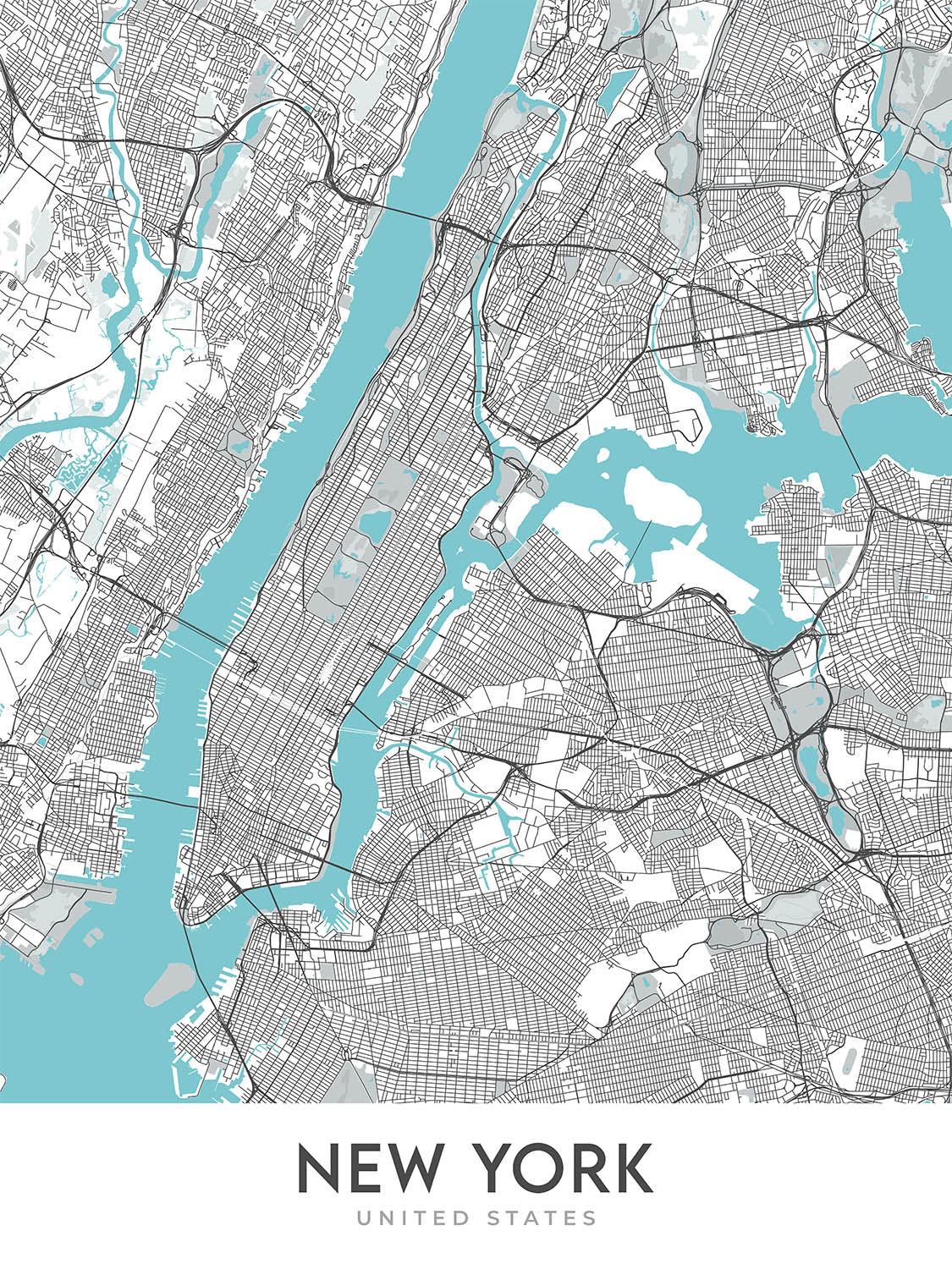 Mapa moderno de la ciudad de Nueva York, NY: Central Park, Empire State Building, Estatua de la Libertad, Times Square, Puente de Brooklyn
