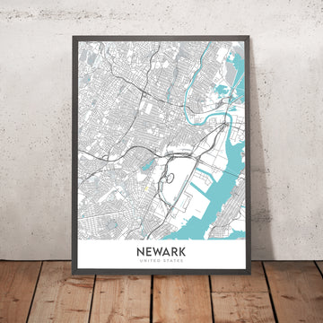 Mapa de la ciudad moderna de Newark, NJ: Centro, Aeropuerto (EWR), Ironbound, Prudential Center, Rutgers, Autopista NJ 