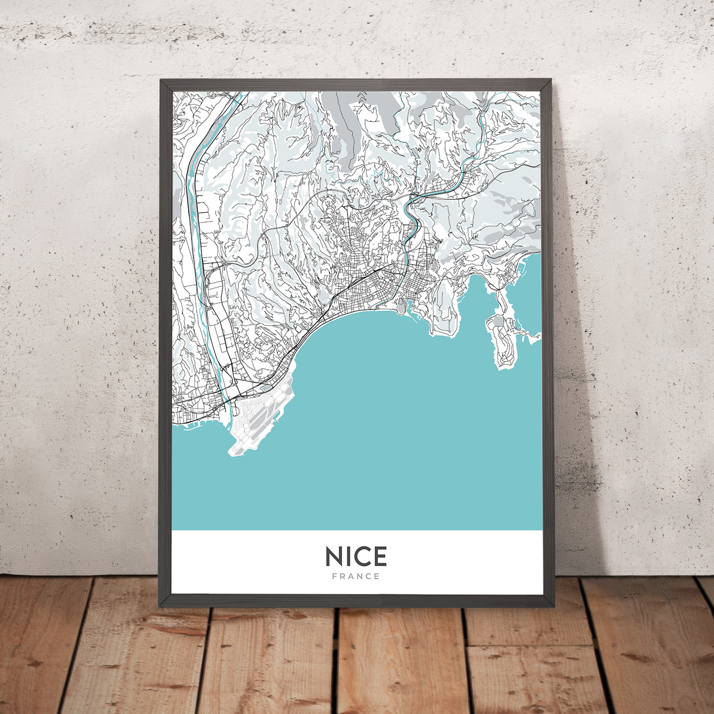 Plan de la ville moderne de Nice, France : vieille ville, colline du château, promenade des Anglais, port, cathédrale