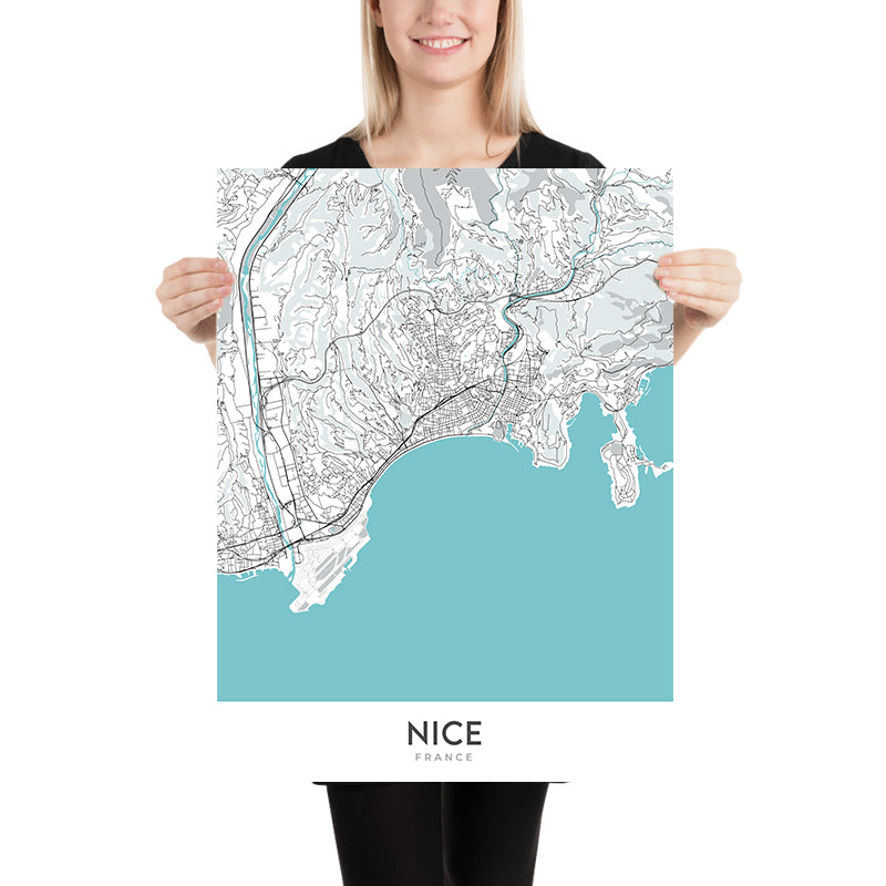 Plan de la ville moderne de Nice, France : vieille ville, colline du château, promenade des Anglais, port, cathédrale