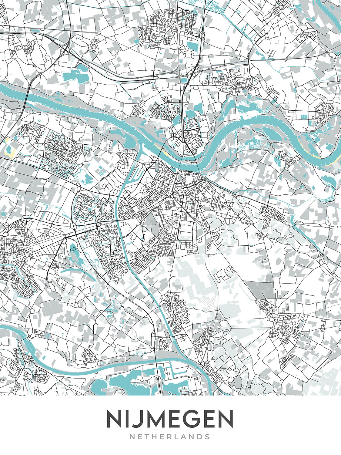Moderne Stadtkarte von Nijmegen, Niederlande: Afrika Museum, Belvédère, Grote Markt, Radboud Universität, Waalbrug 
