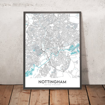 Moderne Stadtkarte von Nottingham, UK: Stadtzentrum, Schloss, Kathedrale, Trent Bridge, Sherwood Forest 
