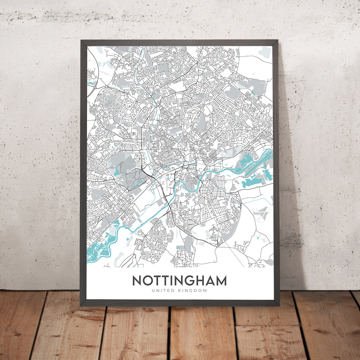Plan de la ville moderne de Nottingham, Royaume-Uni : centre-ville, château, cathédrale, pont Trent, forêt de Sherwood