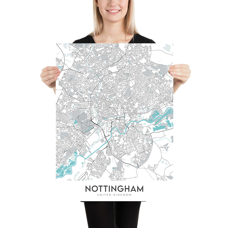 Plan de la ville moderne de Nottingham, Royaume-Uni : centre-ville, château, cathédrale, pont Trent, forêt de Sherwood