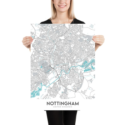 Plan de la ville moderne de Nottingham, Royaume-Uni : centre-ville, château, cathédrale, pont Trent, forêt de Sherwood