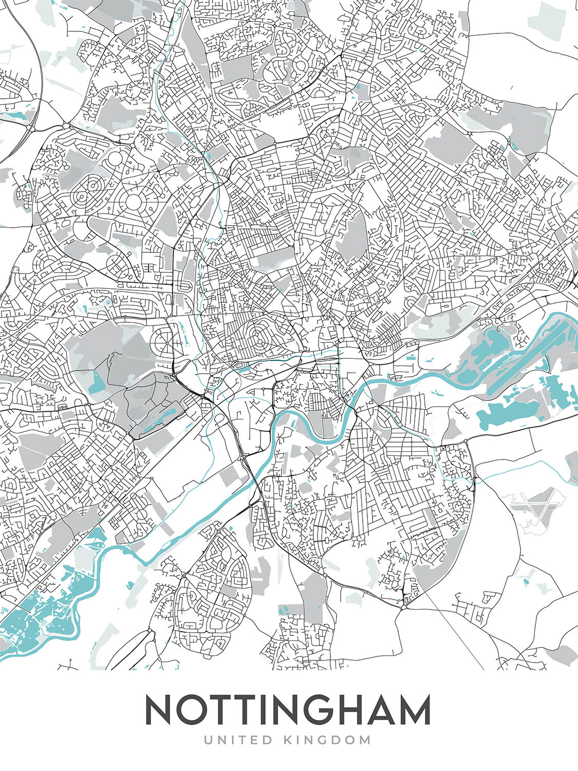 Plan de la ville moderne de Nottingham, Royaume-Uni : centre-ville, château, cathédrale, pont Trent, forêt de Sherwood