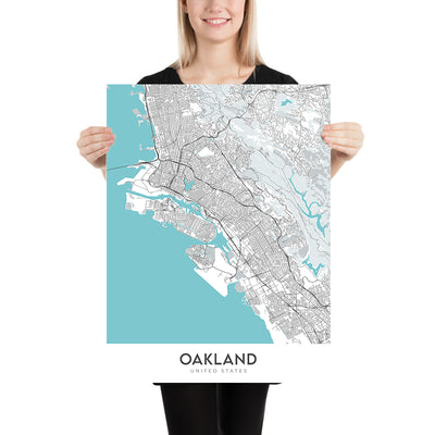 Plan de la ville moderne d'Oakland, Californie : centre-ville, Jack London Sq, Chinatown, Lake Merritt, Fox Theatre