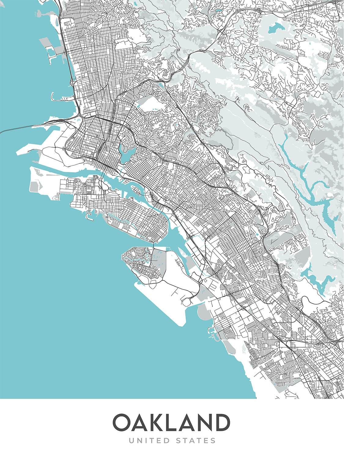 Plan de la ville moderne d'Oakland, Californie : centre-ville, Jack London Sq, Chinatown, Lake Merritt, Fox Theatre