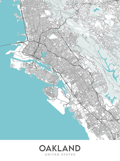 Plan de la ville moderne d'Oakland, Californie : centre-ville, Jack London Sq, Chinatown, Lake Merritt, Fox Theatre