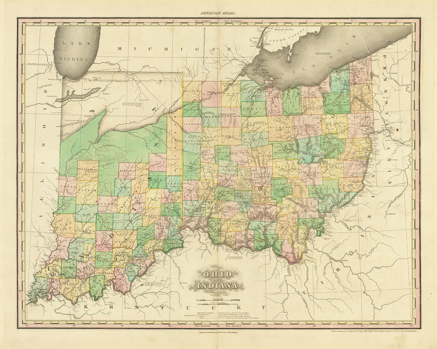 Alte Karte von Ohio und Indiana von H.S. Tanner, 1820: Cincinnati, Columbus, Indianapolis, Cleveland und Dayton 