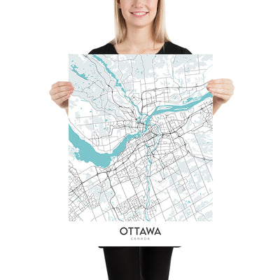 Modern City Map of Ottawa, Canada: Parliament, Rideau Hall, ByWard Market, Carleton University, University of Ottawa