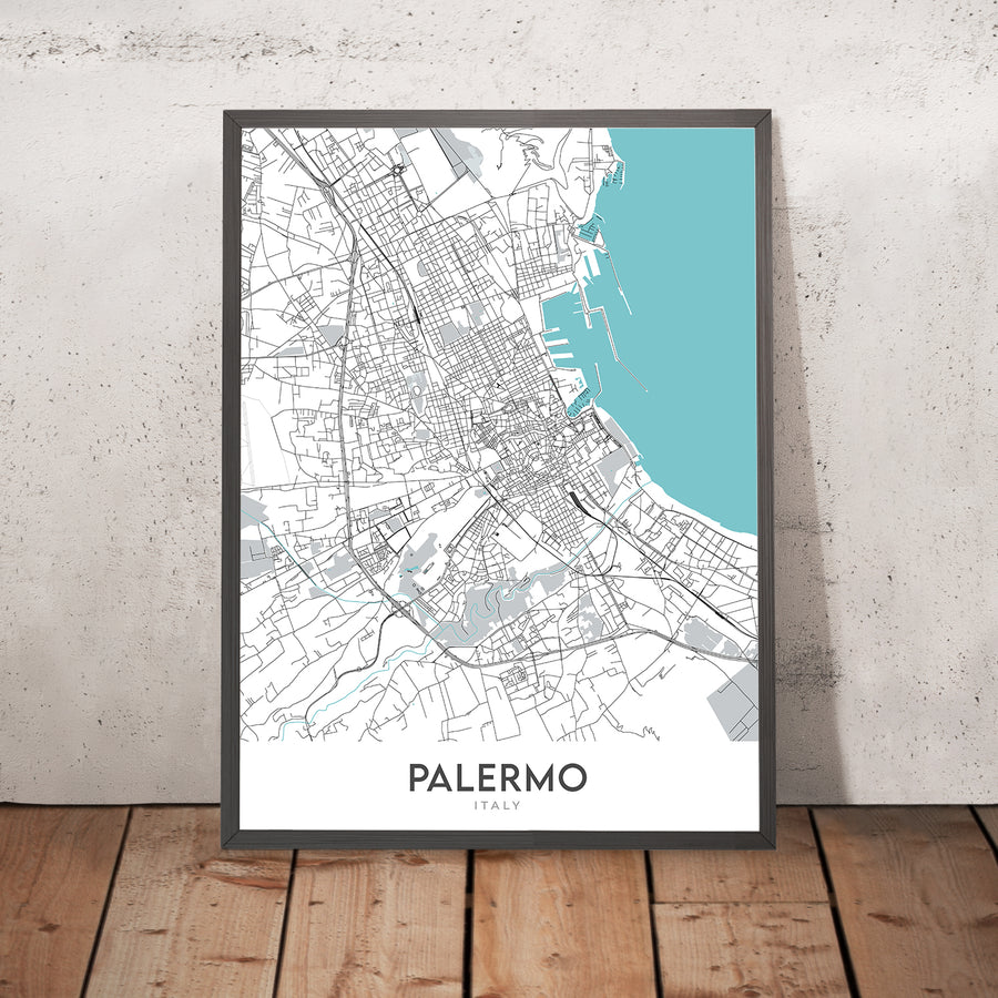 Mapa moderno de la ciudad de Palermo, Italia: Albergheria, Kalsa, Teatro Massimo, Politeama, Quattro Canti