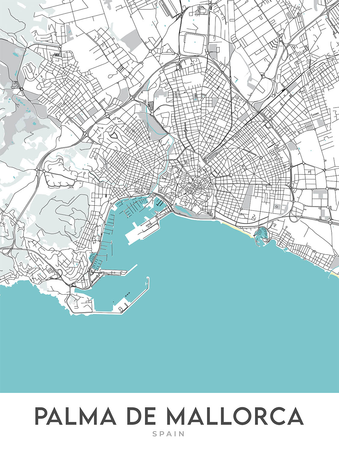 Plan de la ville moderne de Palma de Majorque, Espagne : vieille ville, Santa Catalina, Paseo Maritimo