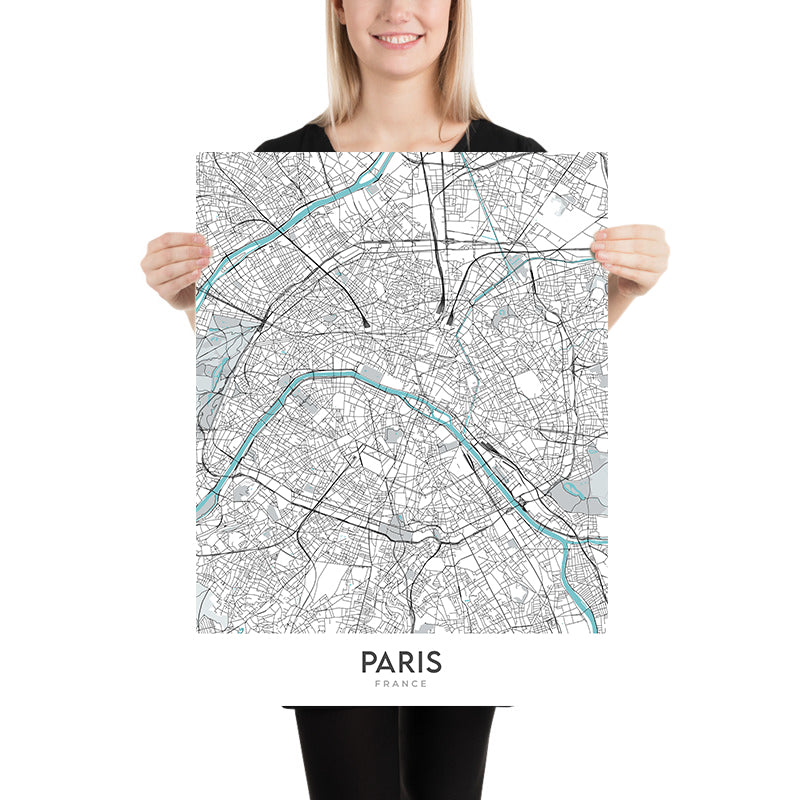 Plan de la ville moderne de Paris, France : Tour Eiffel, Louvre, Notre-Dame, Champs-Élysées, Montmartre