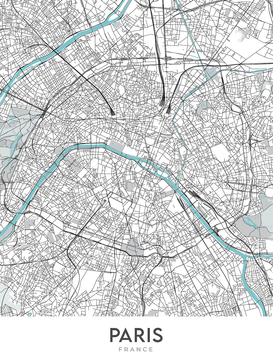 Modern City Map of Paris, France: Eiffel Tower, Louvre, Notre-Dame, Champs-Élysées, Montmartre