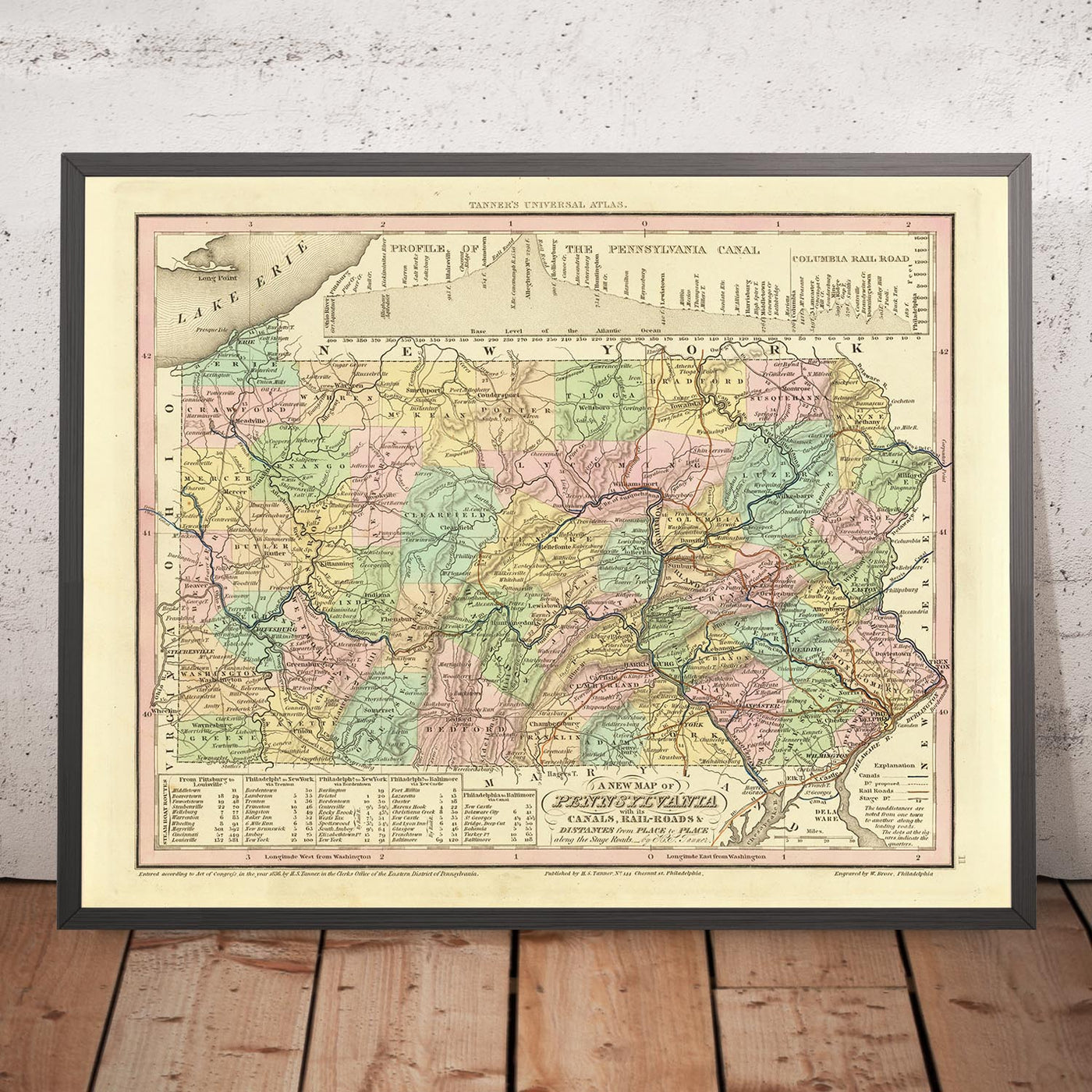 Mapa antiguo de Pensilvania por H. S. Tanner, 1836, - Filadelfia, Pittsburgh, Allentown, Erie, Reading, Carreteras, Ferrocarril, Canales