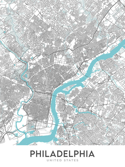 Mapa moderno de la ciudad de Filadelfia, PA: Ciudad Vieja, Salón de la Independencia, Río Schuylkill, Puente Ben Franklin, Parque Fairmount