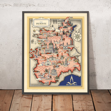 Ancienne carte picturale du Piémont par De Agostini, 1938 : Turin, Novara, Vercelli, Biella, Alexandrie 