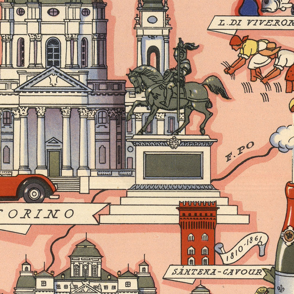 Old Pictorial Map of Piedmont by De Agostini, 1938: Turin, Novara, Vercelli, Biella, Alessandria