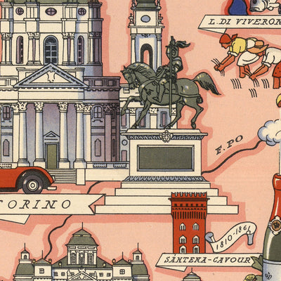 Old Pictorial Map of Piedmont by De Agostini, 1938: Turin, Novara, Vercelli, Biella, Alessandria
