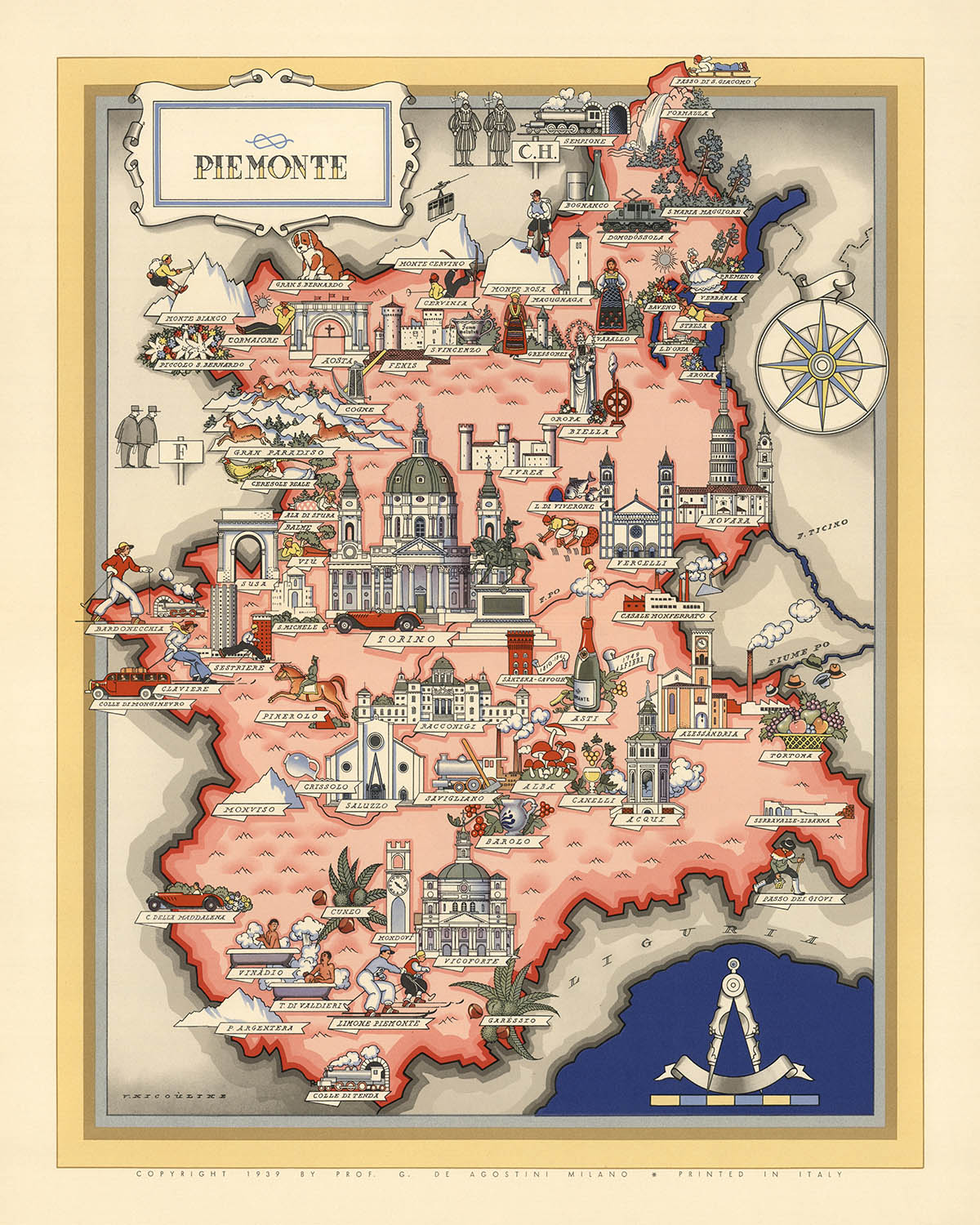 Old Pictorial Map of Piedmont by De Agostini, 1938: Turin, Novara, Vercelli, Biella, Alessandria