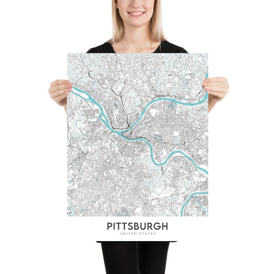 Plan de la ville moderne de Pittsburgh, Pennsylvanie : centre-ville, Oakland, PNC Park, Heinz Field, Carnegie Museum