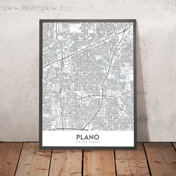 Moderne Stadtkarte von Plano, TX: Innenstadt, Legacy West, Arbor Hills, Preston Rd, Dallas N Tollway 