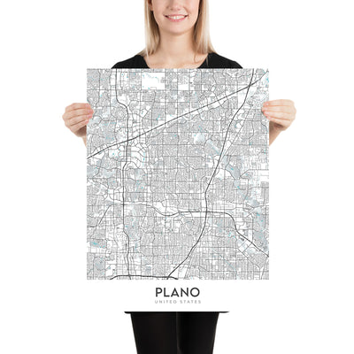 Plan de la ville moderne de Plano, Texas : centre-ville, Legacy West, Arbour Hills, Preston Rd, Dallas N Tollway