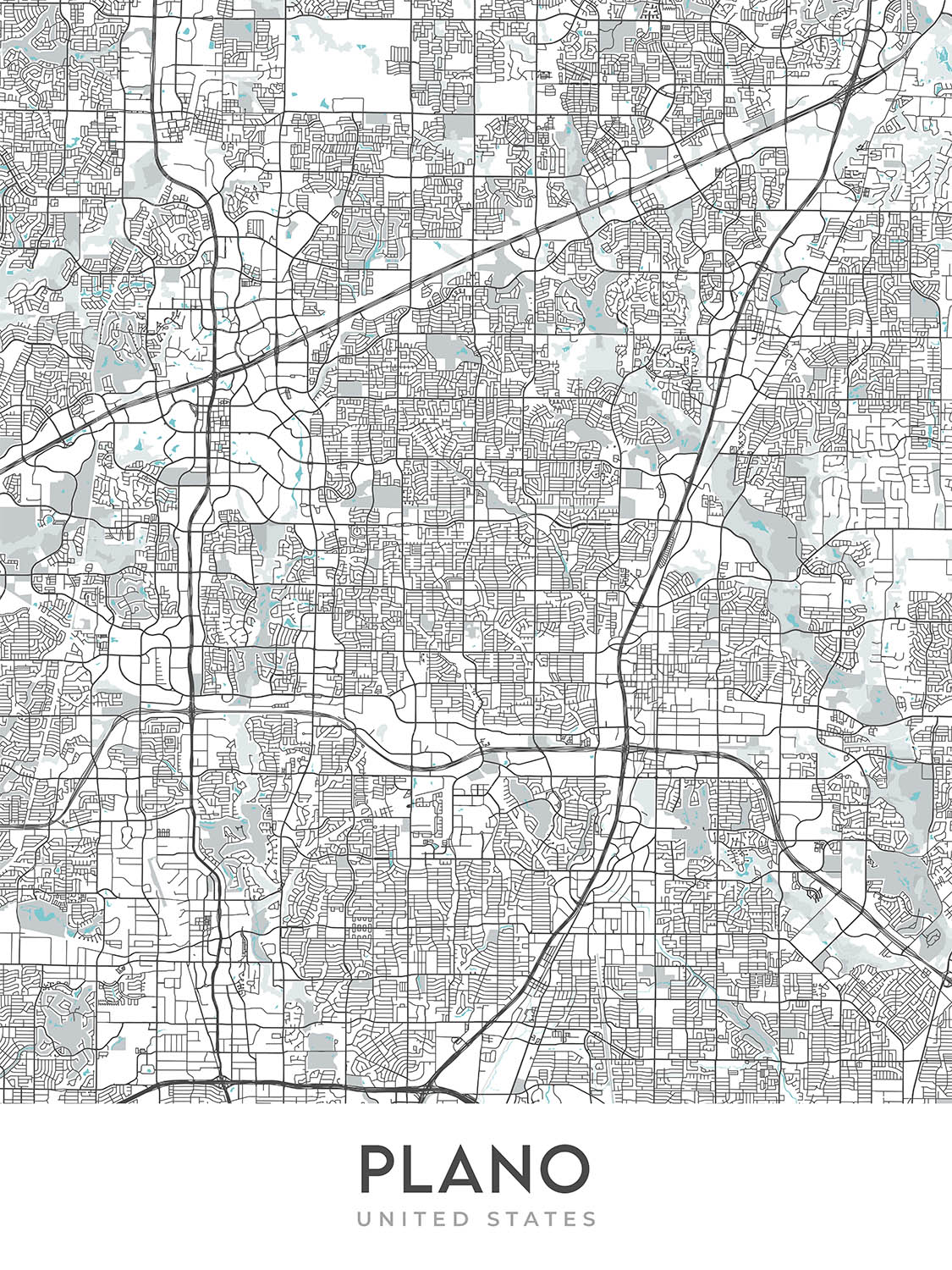Plan de la ville moderne de Plano, Texas : centre-ville, Legacy West, Arbour Hills, Preston Rd, Dallas N Tollway