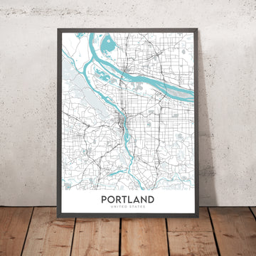 Mapa moderno de la ciudad de Portland, Oregón: centro, distrito Pearl, río Willamette, monte Hood, I-5