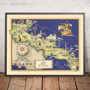 Ancienne carte picturale des Pouilles par De Agostini, 1938 : Bari, Brindisi, Foggia, Lecce, Tarente