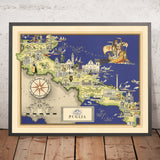 Old Pictorial Map of Apulia by De Agostini, 1938: Bari, Brindisi, Foggia, Lecce, Taranto