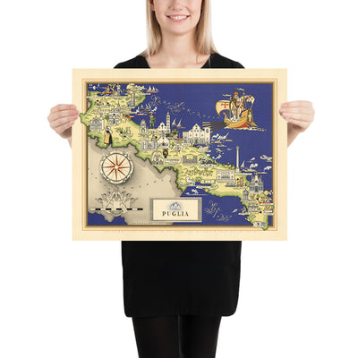 Antiguo mapa pictórico de Apulia de De Agostini, 1938: Bari, Brindisi, Foggia, Lecce, Taranto