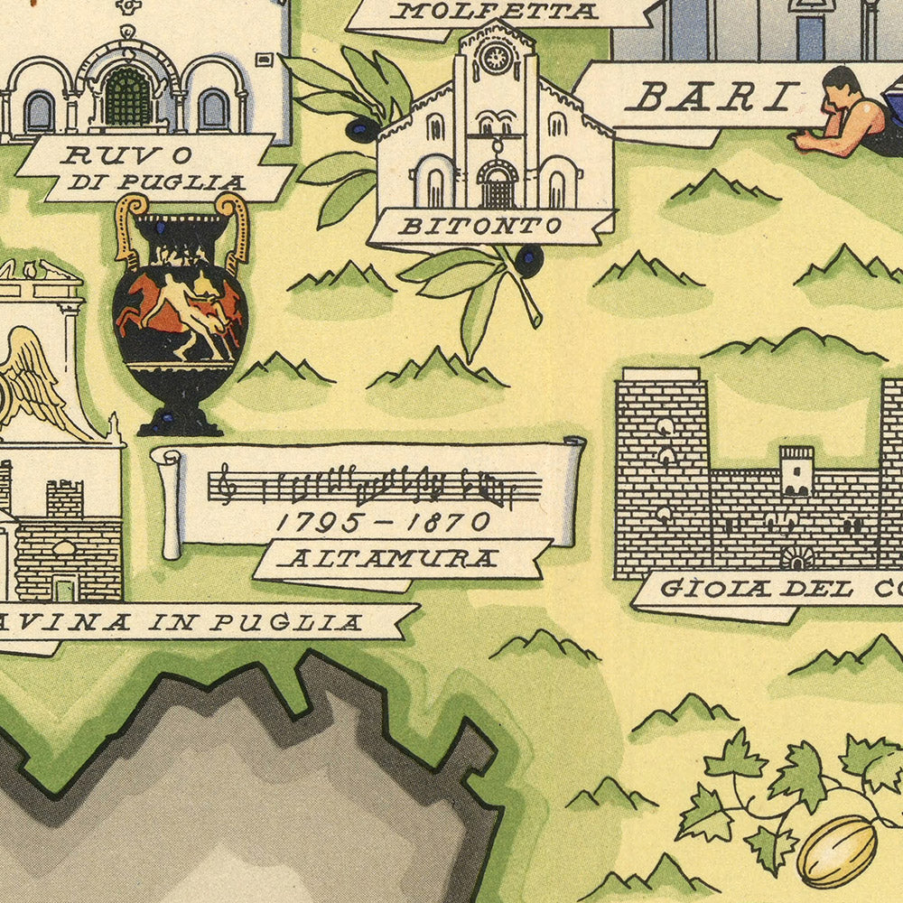 Antiguo mapa pictórico de Apulia de De Agostini, 1938: Bari, Brindisi, Foggia, Lecce, Taranto