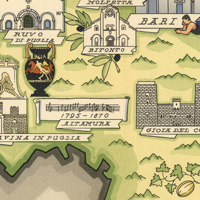Antiguo mapa pictórico de Apulia de De Agostini, 1938: Bari, Brindisi, Foggia, Lecce, Taranto