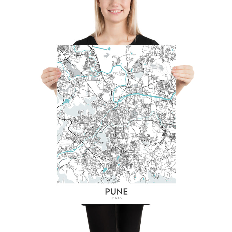 Mapa moderno de la ciudad de Pune, India: Shivajinagar, Parque Koregaon, Palacio Aga Khan, FC Road, Lago Pashan