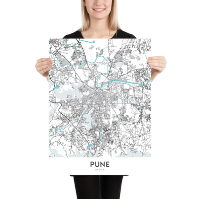 Mapa moderno de la ciudad de Pune, India: Shivajinagar, Parque Koregaon, Palacio Aga Khan, FC Road, Lago Pashan