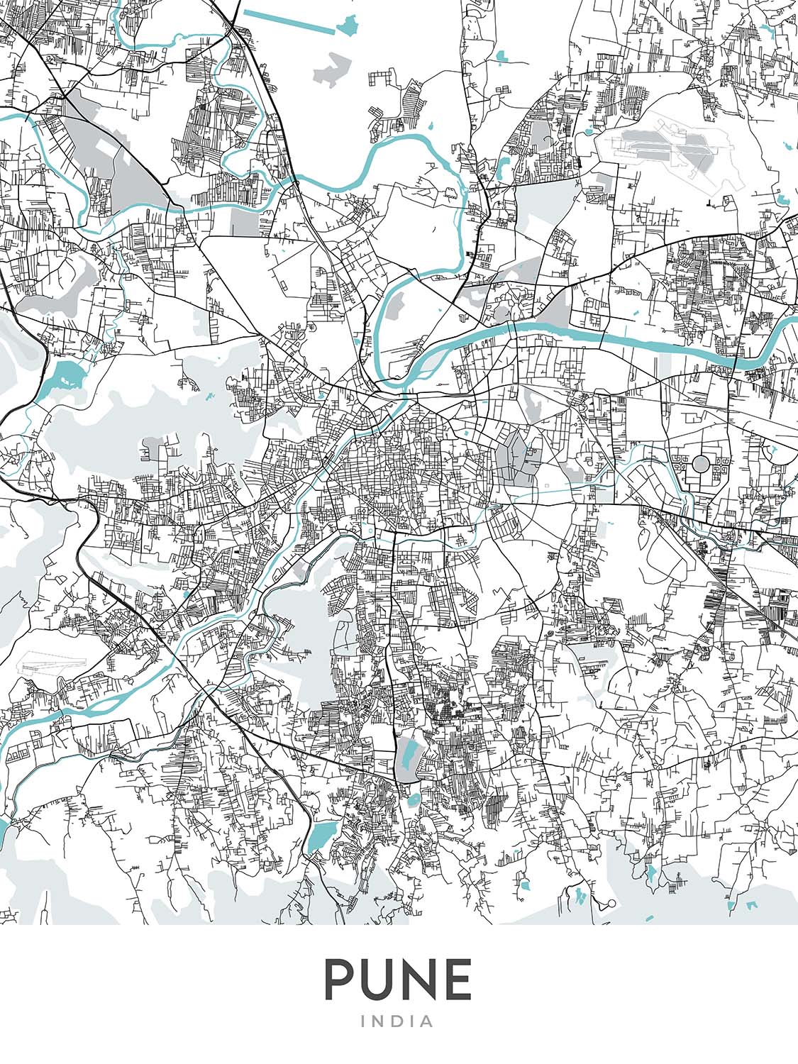 Mapa moderno de la ciudad de Pune, India: Shivajinagar, Parque Koregaon, Palacio Aga Khan, FC Road, Lago Pashan