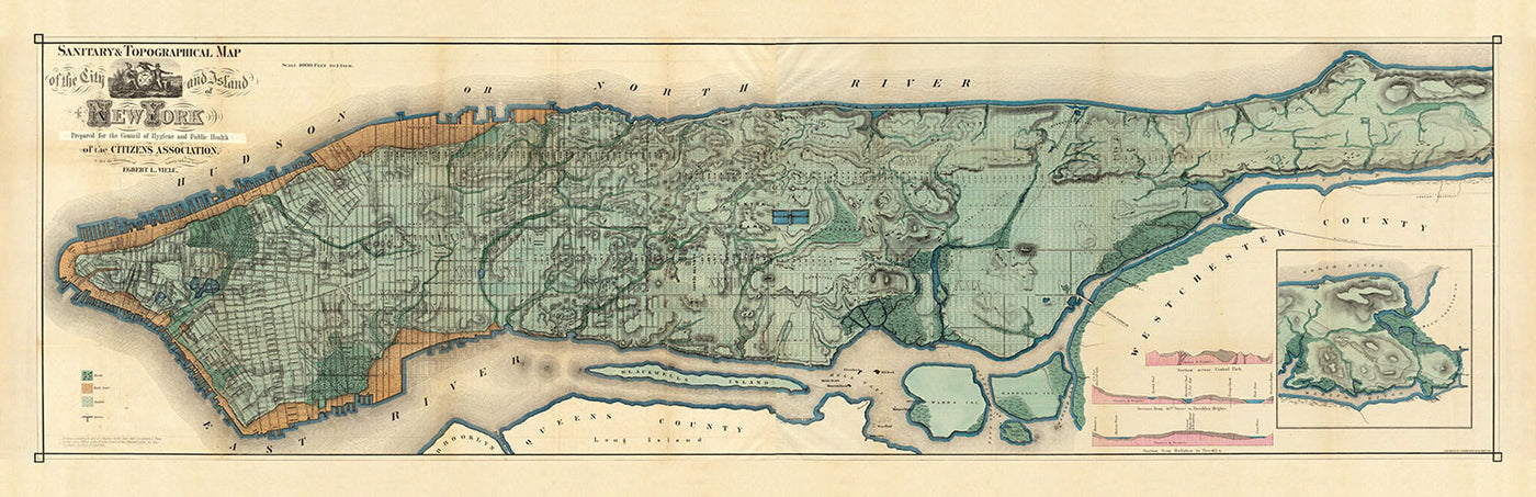 Ancienne carte des égouts et voies d'eau de Manhattan en 1865 par Ferdinand Mayer & Co - Hudson River, East River, Blackwells Island, NYC, Central Park