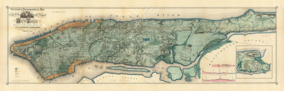 Ancienne carte des égouts et voies d'eau de Manhattan en 1865 par Ferdinand Mayer & Co - Hudson River, East River, Blackwells Island, NYC, Central Park