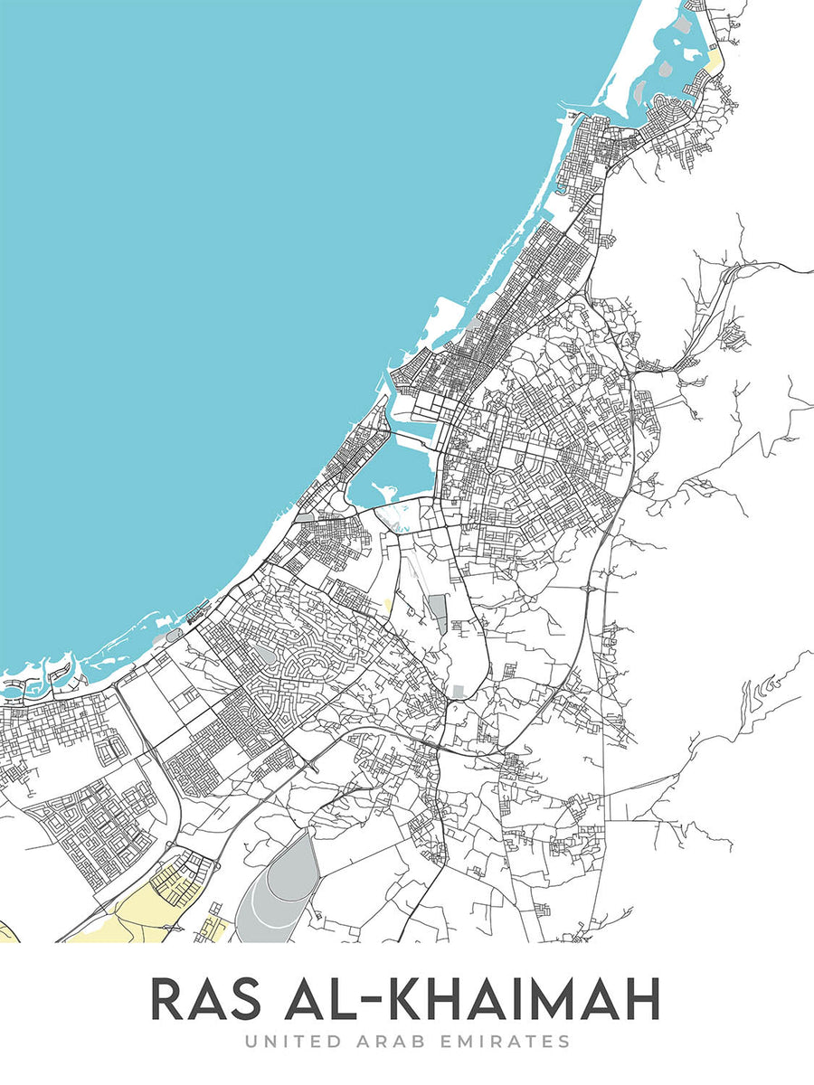 Mapa moderno de la ciudad de Ras Al Khamiah, Emiratos Árabes Unidos: Al Qawasim Corniche, Al Rams, Al Rifah, Al Shamal, Al Zahra