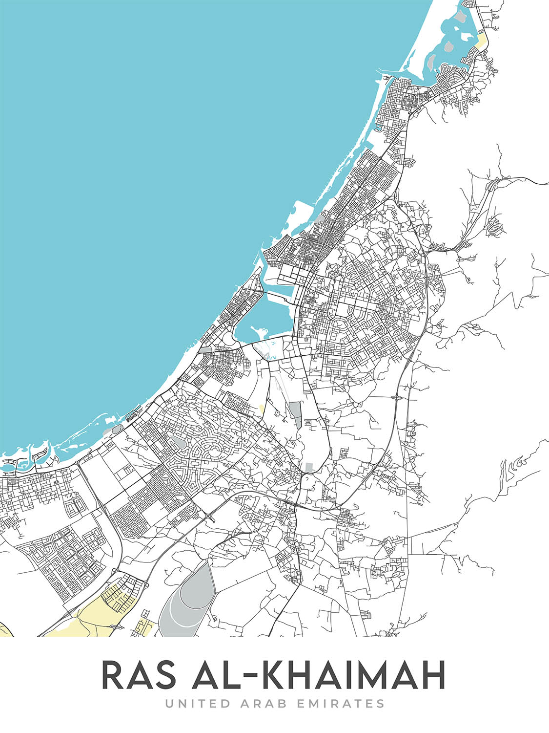 Mapa moderno de la ciudad de Ras Al Khamiah, Emiratos Árabes Unidos: Al Qawasim Corniche, Al Rams, Al Rifah, Al Shamal, Al Zahra