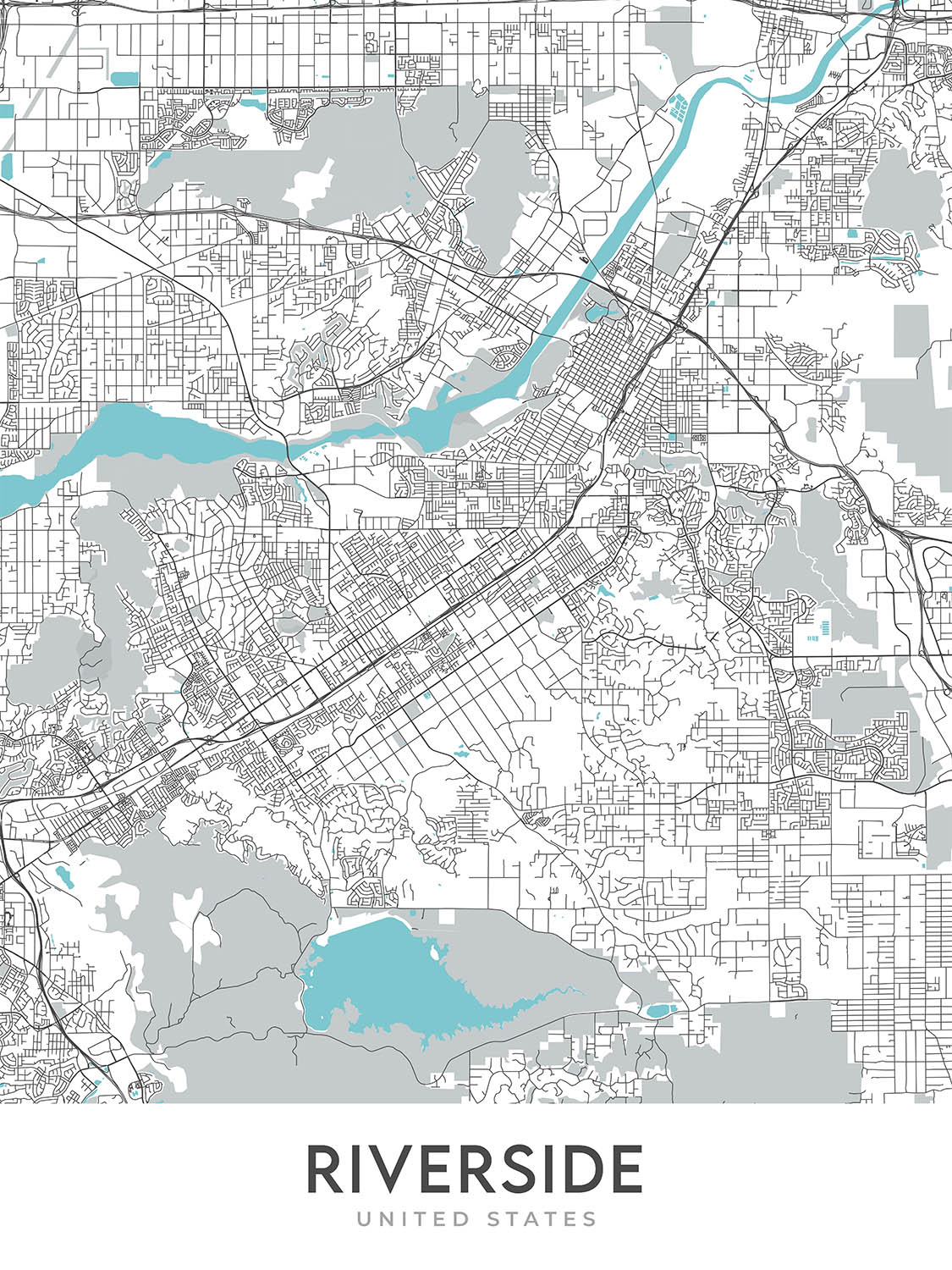 Plan de la ville moderne de Riverside, Californie : Arlington, centre-ville, La Sierra, Riverside Art Museum, Université de Californie