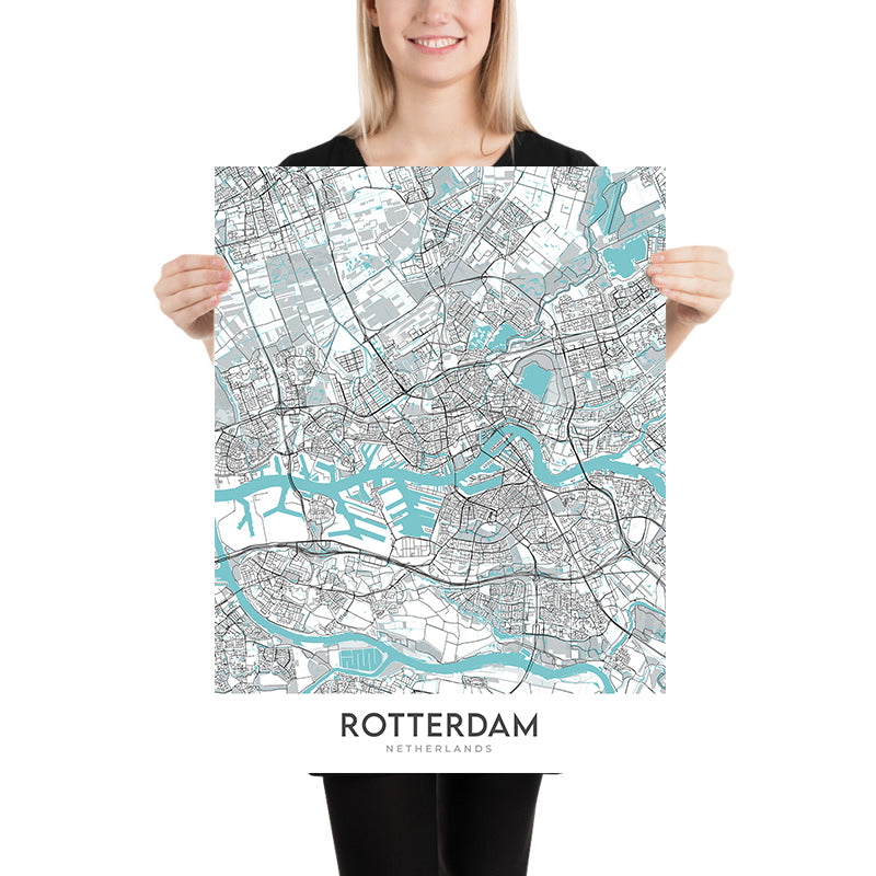Mapa moderno de la ciudad de Rotterdam, Países Bajos: Puente Erasmus, Euromast, De Kuip, Kunsthal, Museo Boijmans Van Beuningen
