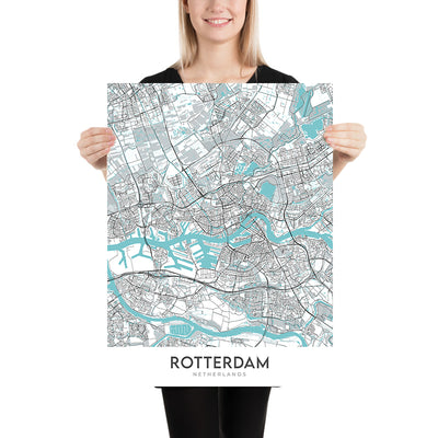 Mapa moderno de la ciudad de Rotterdam, Países Bajos: Puente Erasmus, Euromast, De Kuip, Kunsthal, Museo Boijmans Van Beuningen