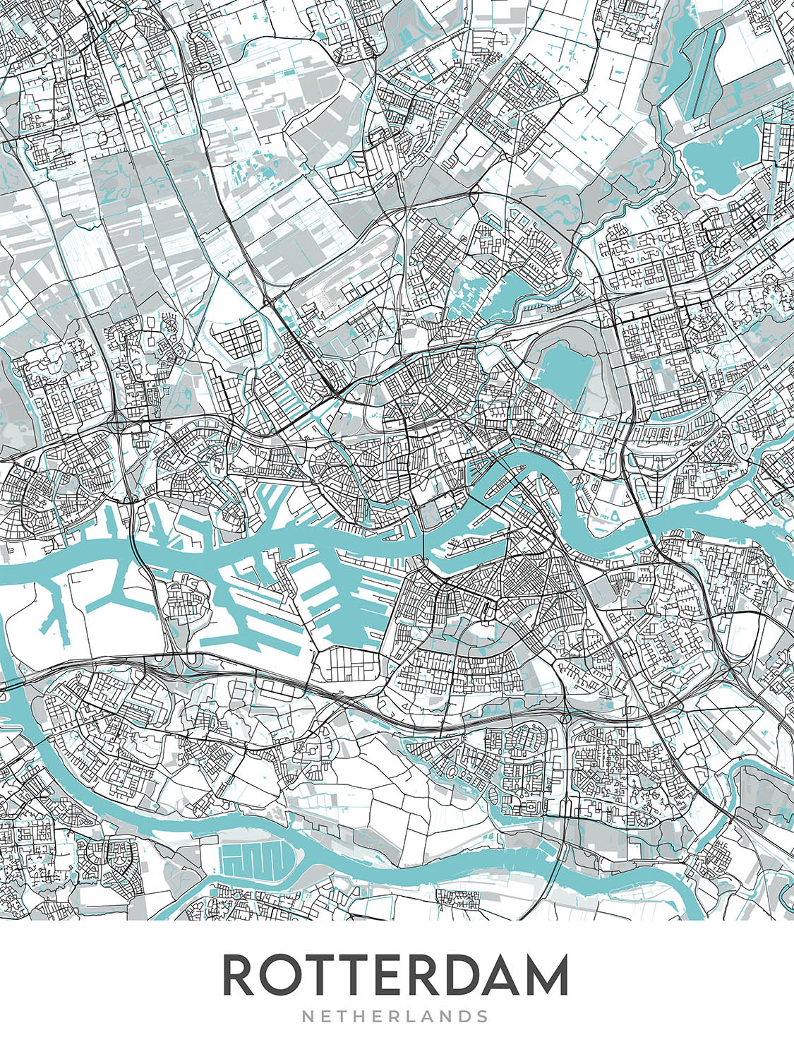 Mapa moderno de la ciudad de Rotterdam, Países Bajos: Puente Erasmus, Euromast, De Kuip, Kunsthal, Museo Boijmans Van Beuningen