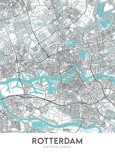 Mapa moderno de la ciudad de Rotterdam, Países Bajos: Puente Erasmus, Euromast, De Kuip, Kunsthal, Museo Boijmans Van Beuningen