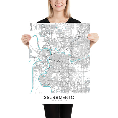 Mapa moderno de la ciudad de Sacramento, CA: centro, Midtown, East Sac, Sac State, American River